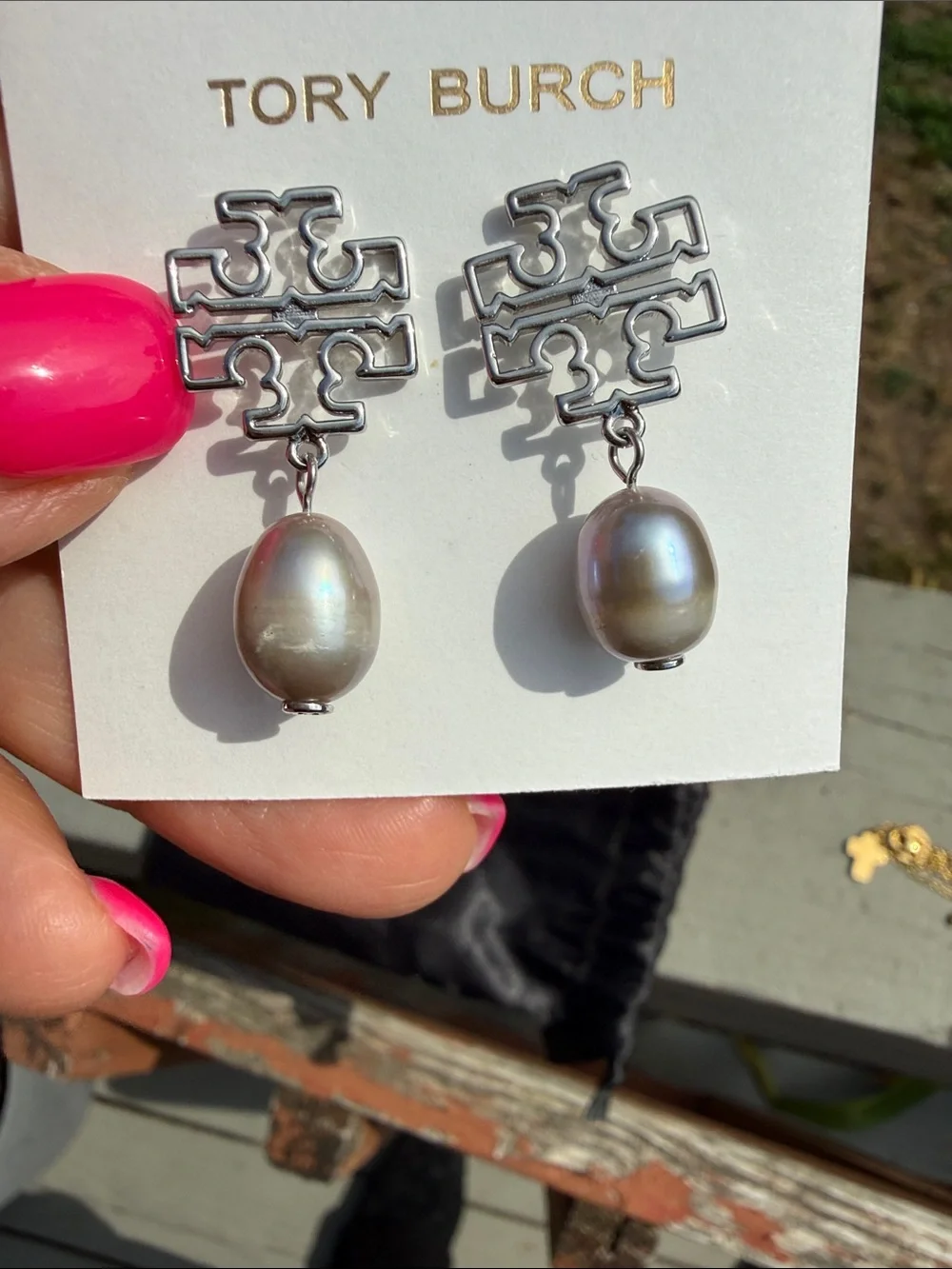 Tory Burch Silver Logo & Gray Pearl Drop Earrings — With Dust Bag — NWOT
